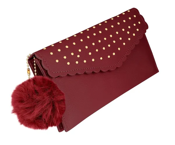 Sai_Amrut_Women's_Gold_Bead_Pattern_Scalloped_Clutch/Purse/Wallet_with_Faux_Fur_Keychain