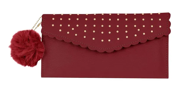 Sai_Amrut_Women's_Gold_Bead_Pattern_Scalloped_Clutch/Purse/Wallet_with_Faux_Fur_Keychain