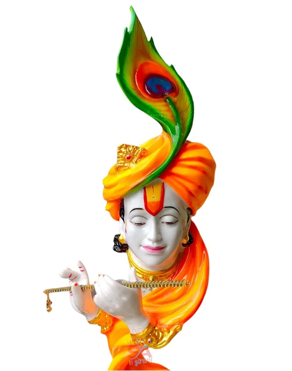 Radium_Marble_Dust_Beautiful_Krishna_with_Flute_Use_in_Pooja_Room_or_Home_Decor_(Marble_Dust_Krishna_-_Orange)
