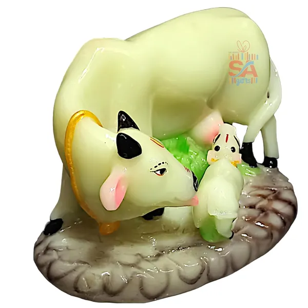 Sai_Amrut_Handicraft_Decorative_Polystone_Cow_and_Calf_Big_Statue/Idol_for_Gift_Home_Decor_6_inch_(Madhle_Radium_Glow_in_Night)