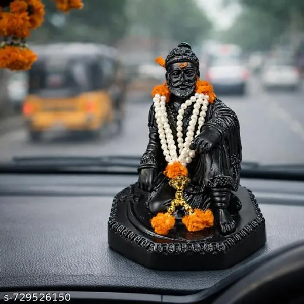 Chatrapati_Shivaji_Maharaj_Idol_Black_Finish_Car_Dashboard_Murti_Home_Office_Decor_Statue_Pearl_Mala_With_Marigold_Design_3x3x3_Inch
