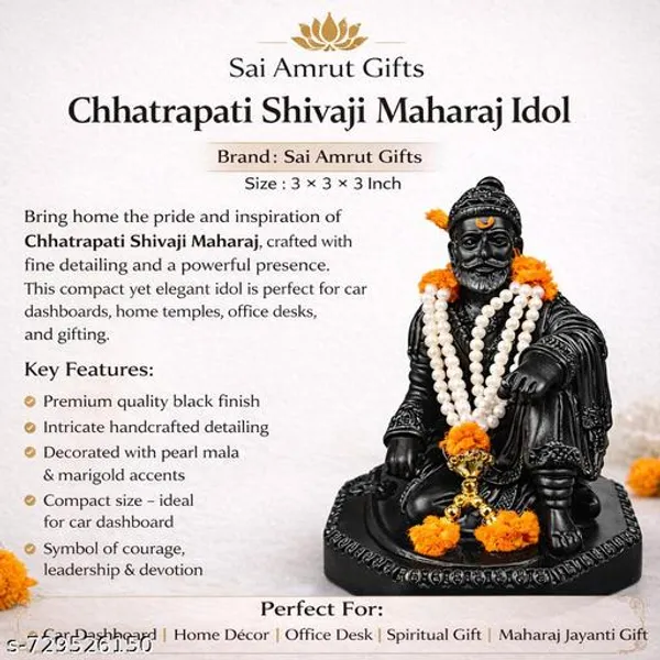 Chatrapati_Shivaji_Maharaj_Idol_Black_Finish_Car_Dashboard_Murti_Home_Office_Decor_Statue_Pearl_Mala_With_Marigold_Design_3x3x3_Inch