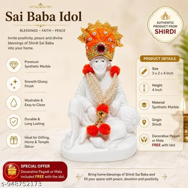 Sai_Baba_Idol_In_Premium_Synthetic_Marble_With_Decorative_Pagadi_Pearl_Mala_4_Inch_White_Murti_For_Home_Temple_Car_Dashboard_Office_Decor