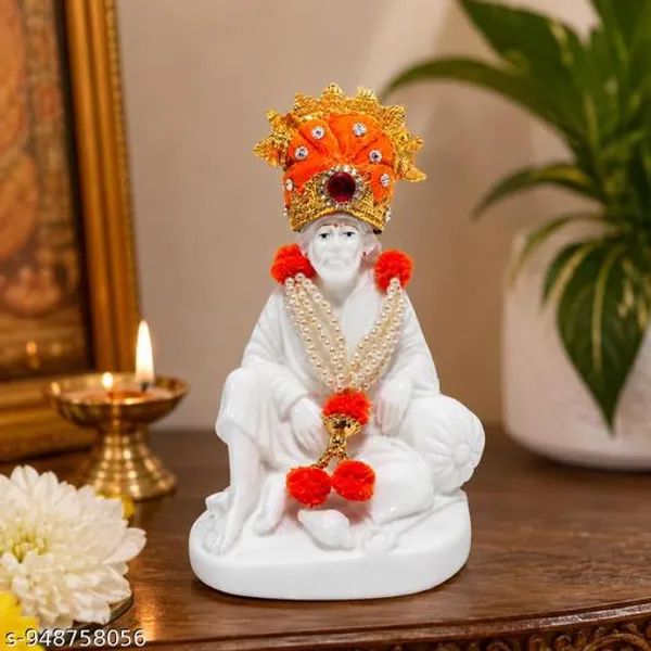 Sai_Baba_Idol_In_Premium_Synthetic_Marble_With_Decorative_Pagadi_Pearl_Mala_4_Inch_White_Murti_For_Home_Temple_Car_Dashboard_Office_Decor