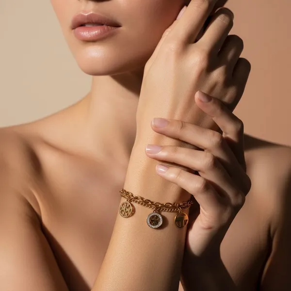Golden_Stainless_Steel_Double_Chain_Charm_Bracelet_With_Dangle_Discs_For_Women