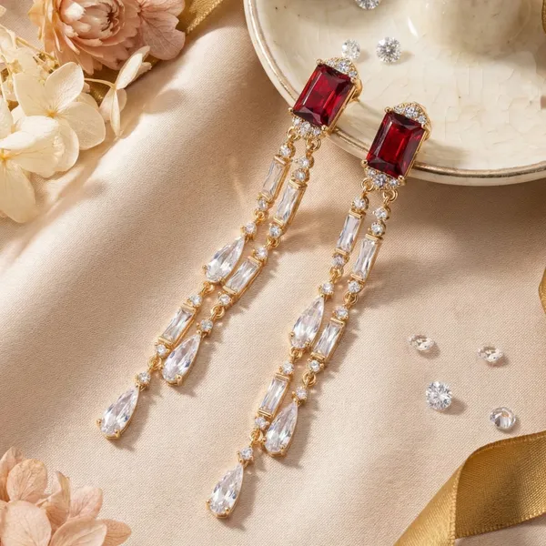 Red_&_Gold_Stainless_Steel_Ruby_Crystal_Geometric_Dangle_Earrings_For_Women