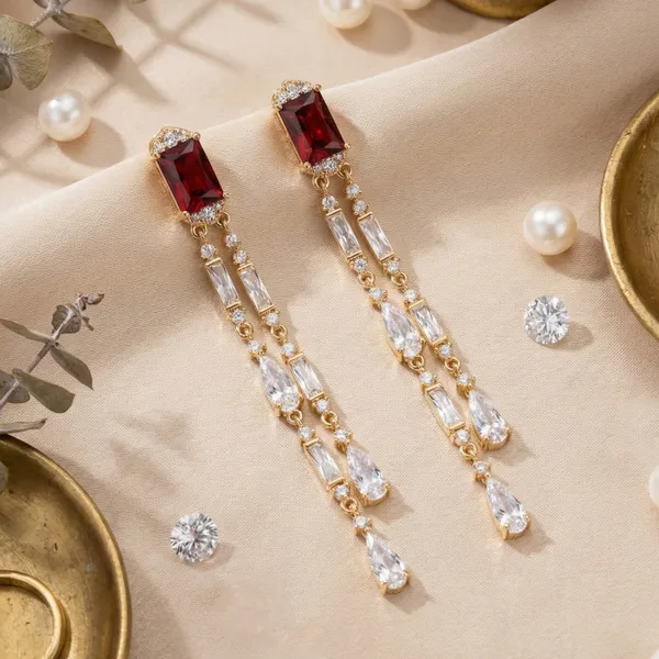 Red_&_Gold_Stainless_Steel_Ruby_Crystal_Geometric_Dangle_Earrings_For_Women