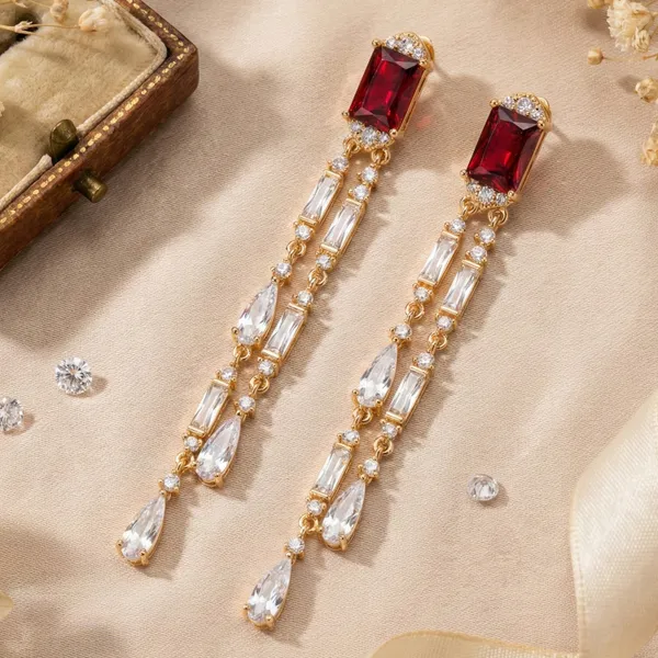 Red_&_Gold_Stainless_Steel_Ruby_Crystal_Geometric_Dangle_Earrings_For_Women