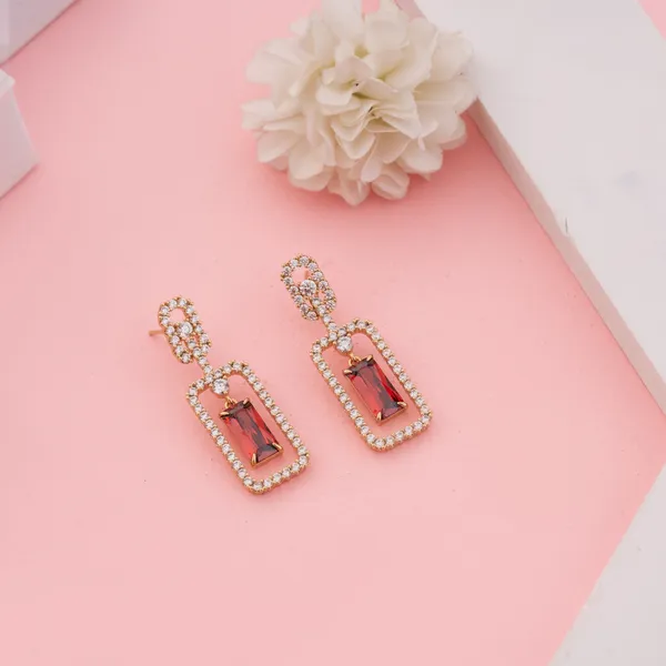 Golden_&_Red_Stainless_Steel_Ruby_Drop_Dangle_Earrings_For_Women