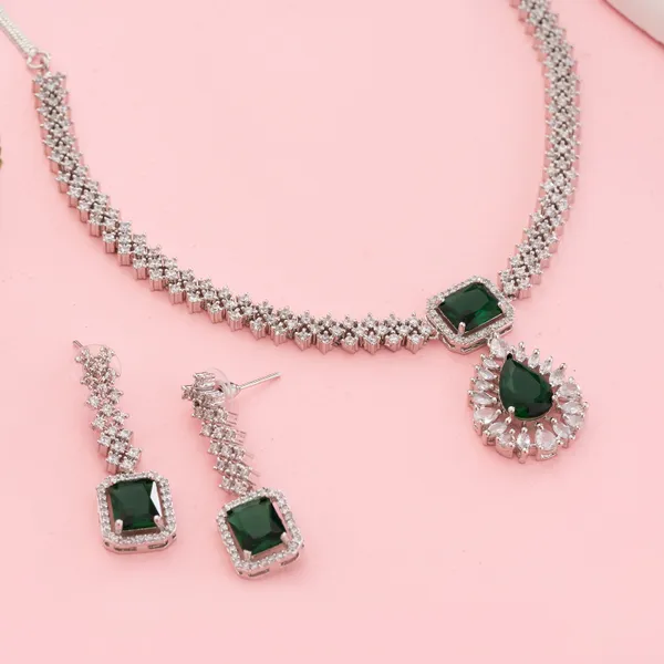 Silver_&_Green_Stainless_Steel_Zirconia_Statement_Necklace_Set_For_Women