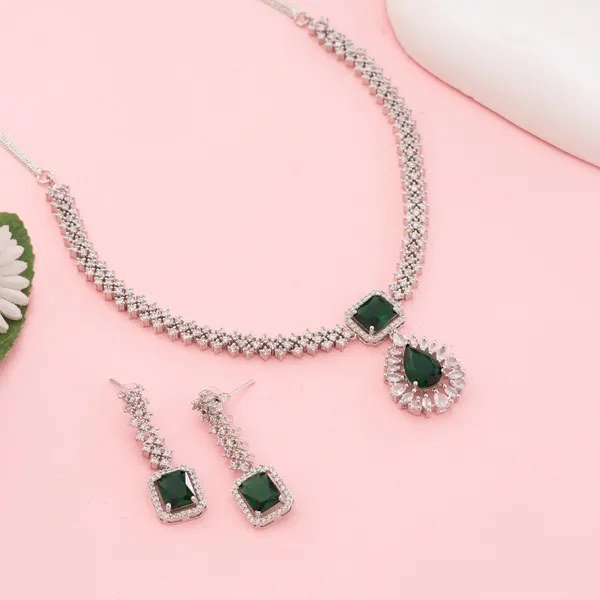 Silver_&_Green_Stainless_Steel_Zirconia_Statement_Necklace_Set_For_Women