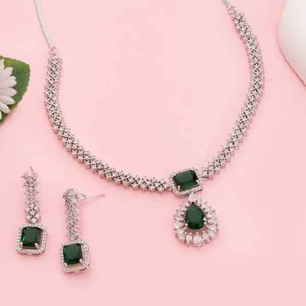 Silver_&_Green_Stainless_Steel_Zirconia_Statement_Necklace_Set_For_Women