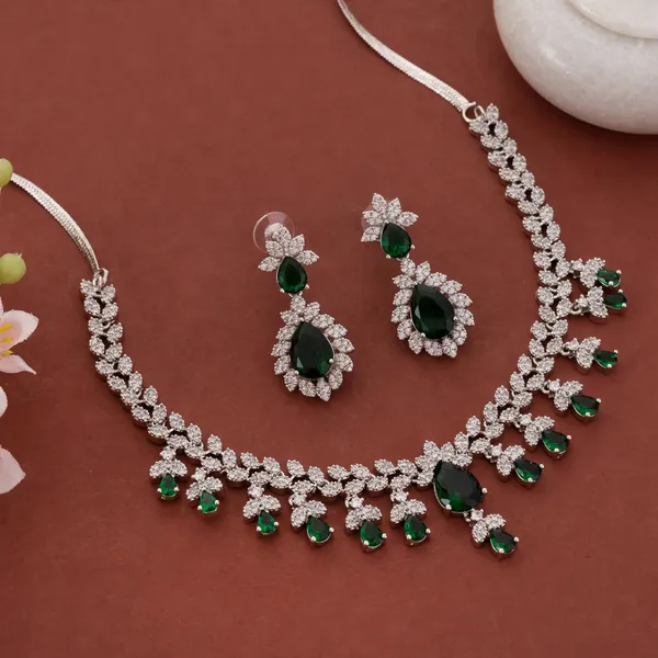 Silver_&_Green_Stainless_Steel_Crystal_Floral_Vine_Necklace_Set_For_Women