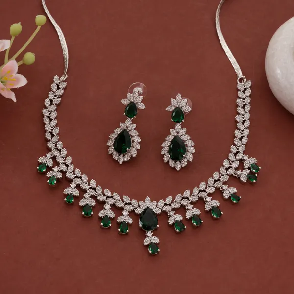 Silver_&_Green_Stainless_Steel_Crystal_Floral_Vine_Necklace_Set_For_Women