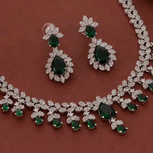 Silver_&_Green_Stainless_Steel_Crystal_Floral_Vine_Necklace_Set_For_Women