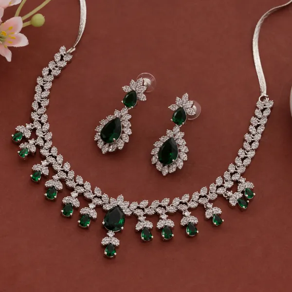 Silver_&_Green_Stainless_Steel_Crystal_Floral_Vine_Necklace_Set_For_Women