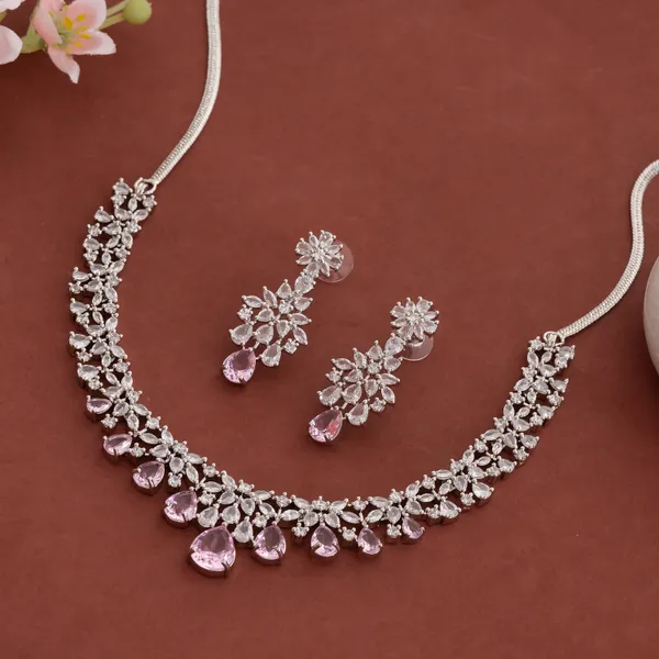 Silver_&_Pink_Stainless_Steel_Zircon_Cluster_Necklace_Set_For_Women
