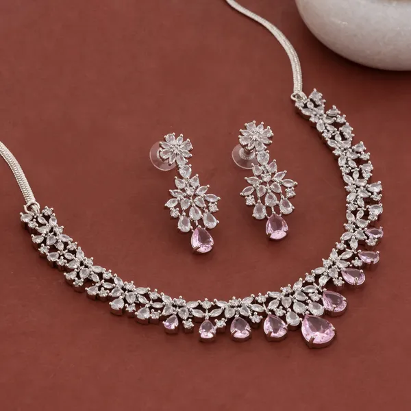 Silver_&_Pink_Stainless_Steel_Zircon_Cluster_Necklace_Set_For_Women