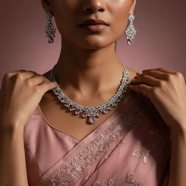 Silver_&_Pink_Stainless_Steel_Zircon_Cluster_Necklace_Set_For_Women