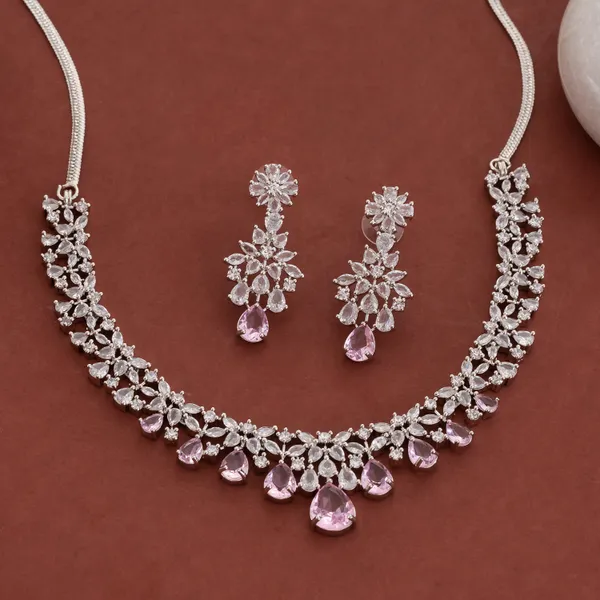 Silver_&_Pink_Stainless_Steel_Zircon_Cluster_Necklace_Set_For_Women