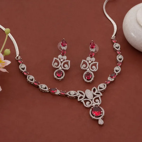 Silver_&_Red_Stainless_Steel_Gemstone_Cubic_Zirconia_Necklace_Set_For_Women