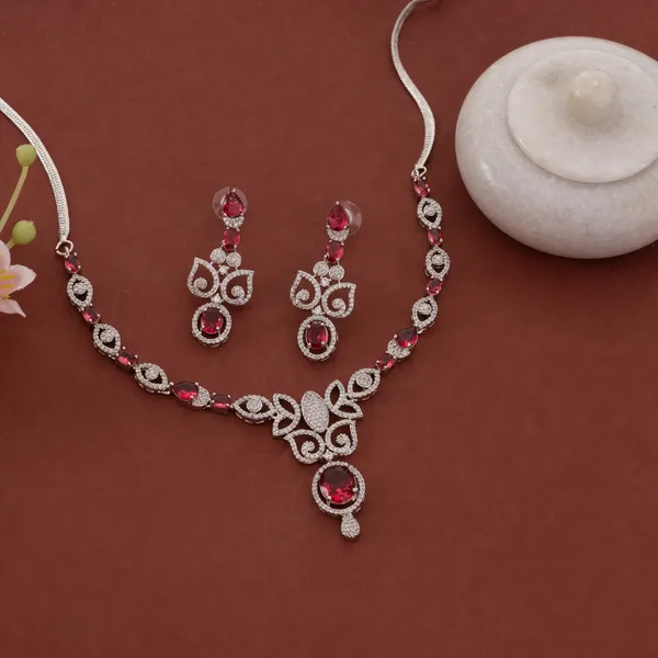 Silver_&_Red_Stainless_Steel_Gemstone_Cubic_Zirconia_Necklace_Set_For_Women