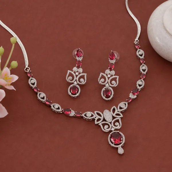 Silver_&_Red_Stainless_Steel_Gemstone_Cubic_Zirconia_Necklace_Set_For_Women