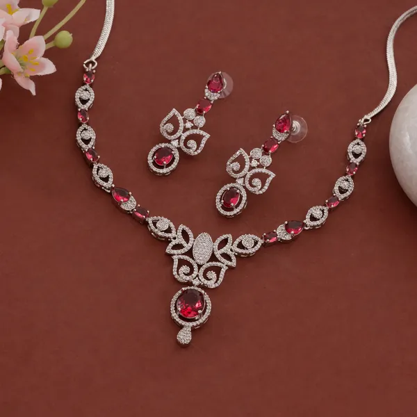 Silver_&_Red_Stainless_Steel_Gemstone_Cubic_Zirconia_Necklace_Set_For_Women