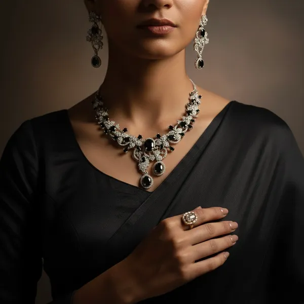 Black_&_Silver_Stainless_Steel_Crystal_Cluster_Necklace_Set_For_Women
