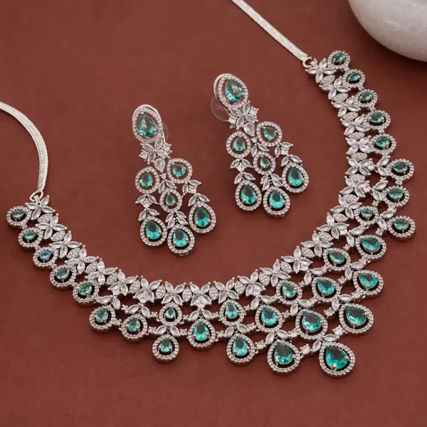 Silver_&_Mint_Stainless_Steel_Statement_Necklace_Set_For_Women