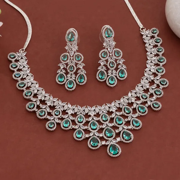 Silver_&_Mint_Stainless_Steel_Statement_Necklace_Set_For_Women