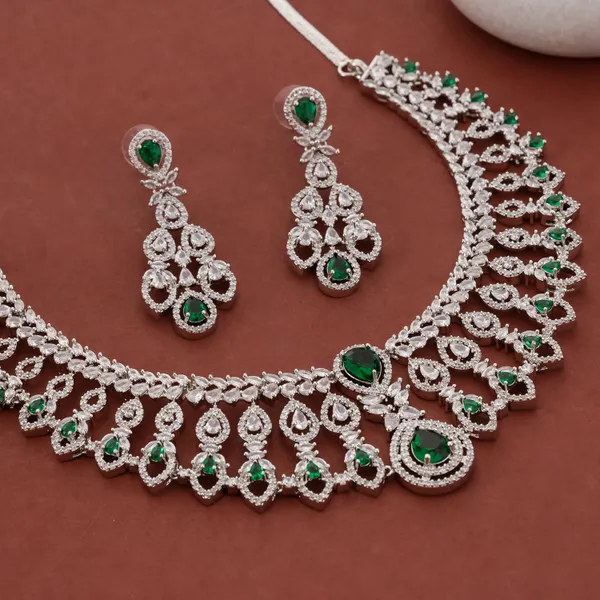 Silver_&_Green_Stainless_Steel_Regal_Zirconia_Bridal_Necklace_Set_For_Women