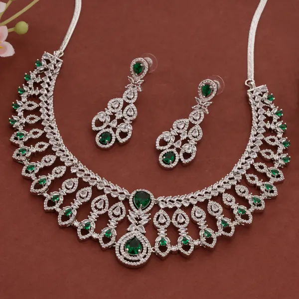 Silver_&_Green_Stainless_Steel_Regal_Zirconia_Bridal_Necklace_Set_For_Women