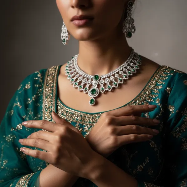Silver_&_Green_Stainless_Steel_Regal_Zirconia_Bridal_Necklace_Set_For_Women