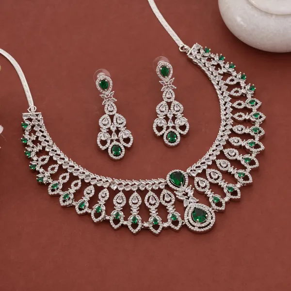 Silver_&_Green_Stainless_Steel_Regal_Zirconia_Bridal_Necklace_Set_For_Women