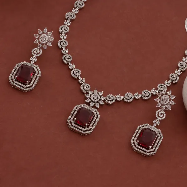 Silver_&_Red_Stainless_Steel_Giant_Ruby_Crystal_Pendant_Necklace_Set_For_Women