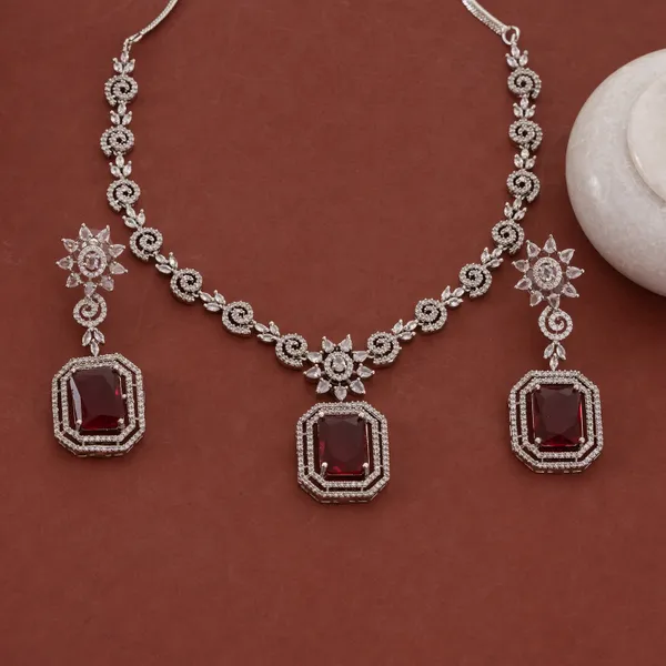Silver_&_Red_Stainless_Steel_Giant_Ruby_Crystal_Pendant_Necklace_Set_For_Women