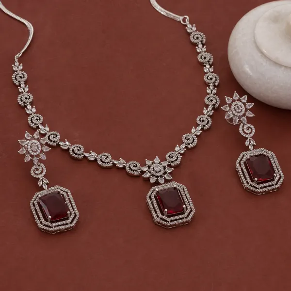 Silver_&_Red_Stainless_Steel_Giant_Ruby_Crystal_Pendant_Necklace_Set_For_Women