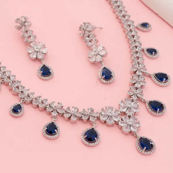 Silver_&_Blue_Stainless_Steel_Sapphire_Stone_Flower_Cluster_Necklace_Set_For_Women