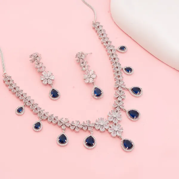 Silver_&_Blue_Stainless_Steel_Sapphire_Stone_Flower_Cluster_Necklace_Set_For_Women