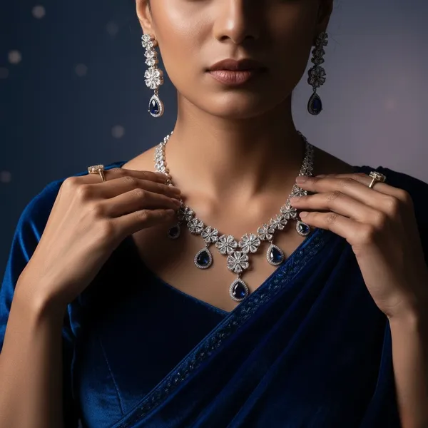 Silver_&_Blue_Stainless_Steel_Sapphire_Stone_Flower_Cluster_Necklace_Set_For_Women