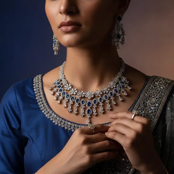 Silver_&_Blue_Stainless_Steel_Triple_Layer_Stone_Statement_Necklace_Set_With_Maang_Tikka_For_Women