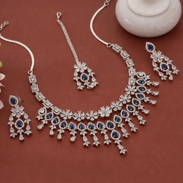 Silver_&_Blue_Stainless_Steel_Triple_Layer_Stone_Statement_Necklace_Set_With_Maang_Tikka_For_Women