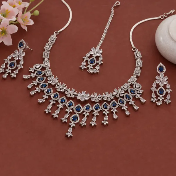 Silver_&_Blue_Stainless_Steel_Triple_Layer_Stone_Statement_Necklace_Set_With_Maang_Tikka_For_Women