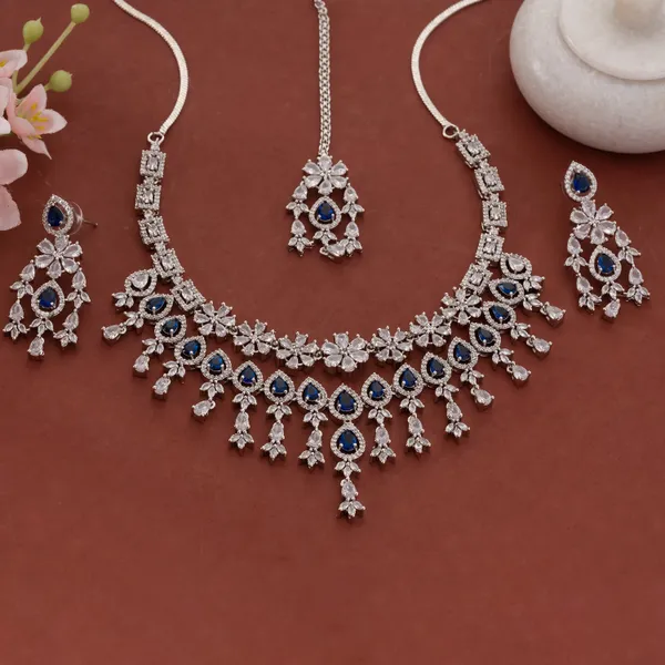 Silver_&_Blue_Stainless_Steel_Triple_Layer_Stone_Statement_Necklace_Set_With_Maang_Tikka_For_Women