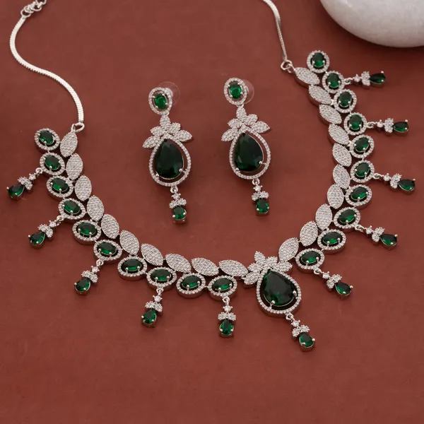 Silver_&_Green_Stainless_Steel_Statement_Crystal_Necklace_Set_For_Women