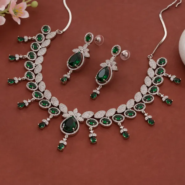 Silver_&_Green_Stainless_Steel_Statement_Crystal_Necklace_Set_For_Women