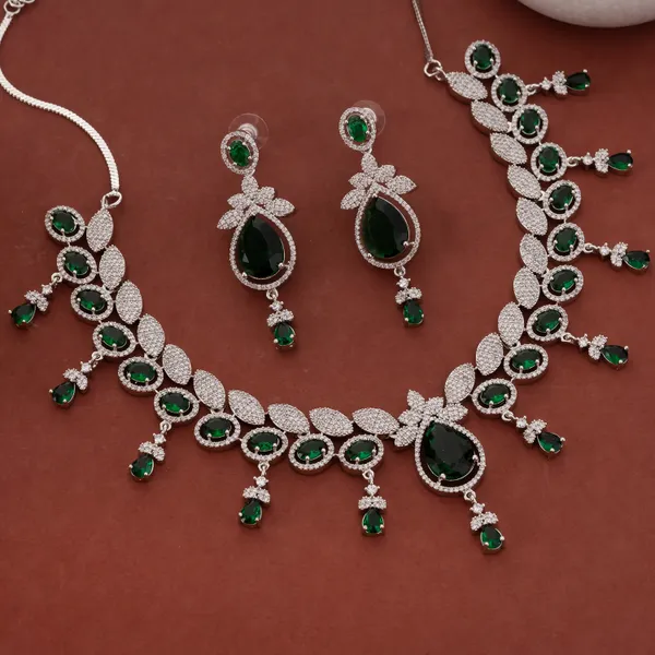 Silver_&_Green_Stainless_Steel_Statement_Crystal_Necklace_Set_For_Women