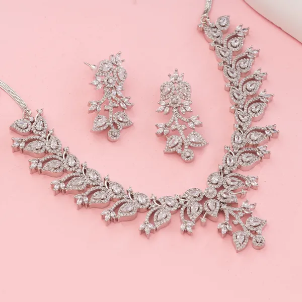 Silver_Stainless_Steel_All_Crystal_Floral_Cluster_Necklace_Set_For_Women