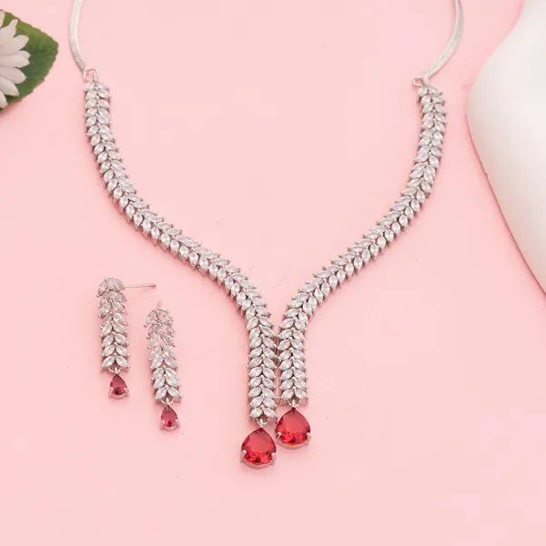 Silver_&_Red_Stainless_Steel_Long_Tassel_Ruby_Teardrop_Necklace_Set_For_Women